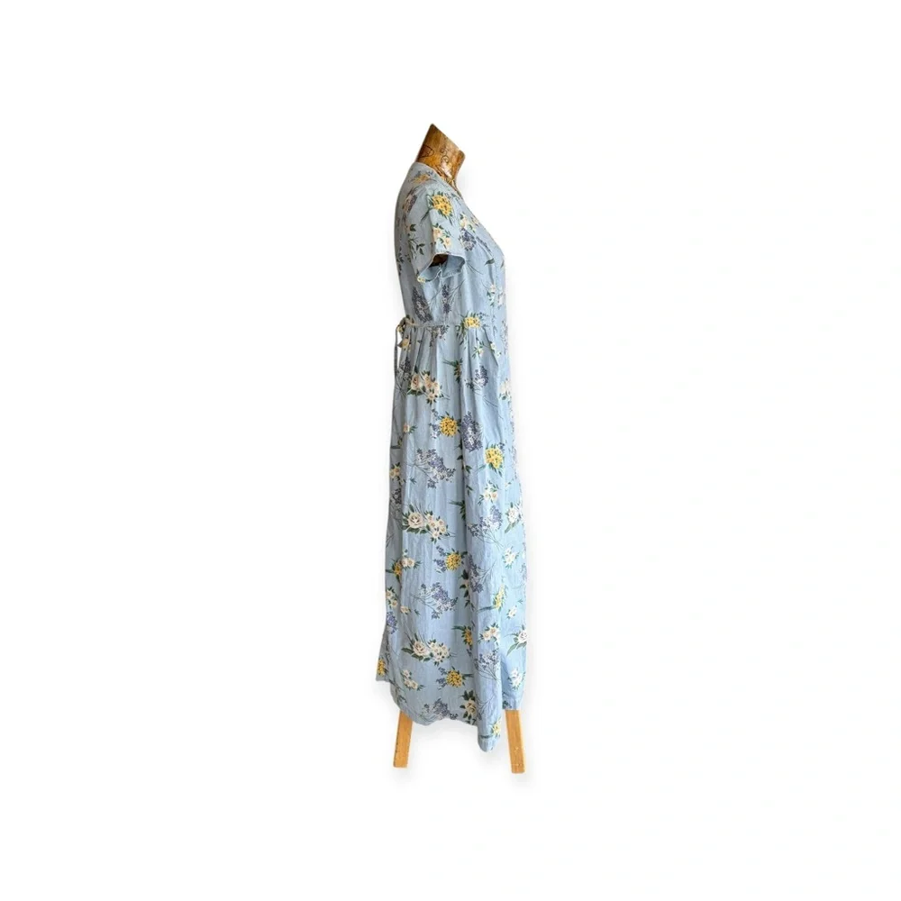Lizwear dress long blue yellow floral short sleeve button front tie back - Picture 3 of 11